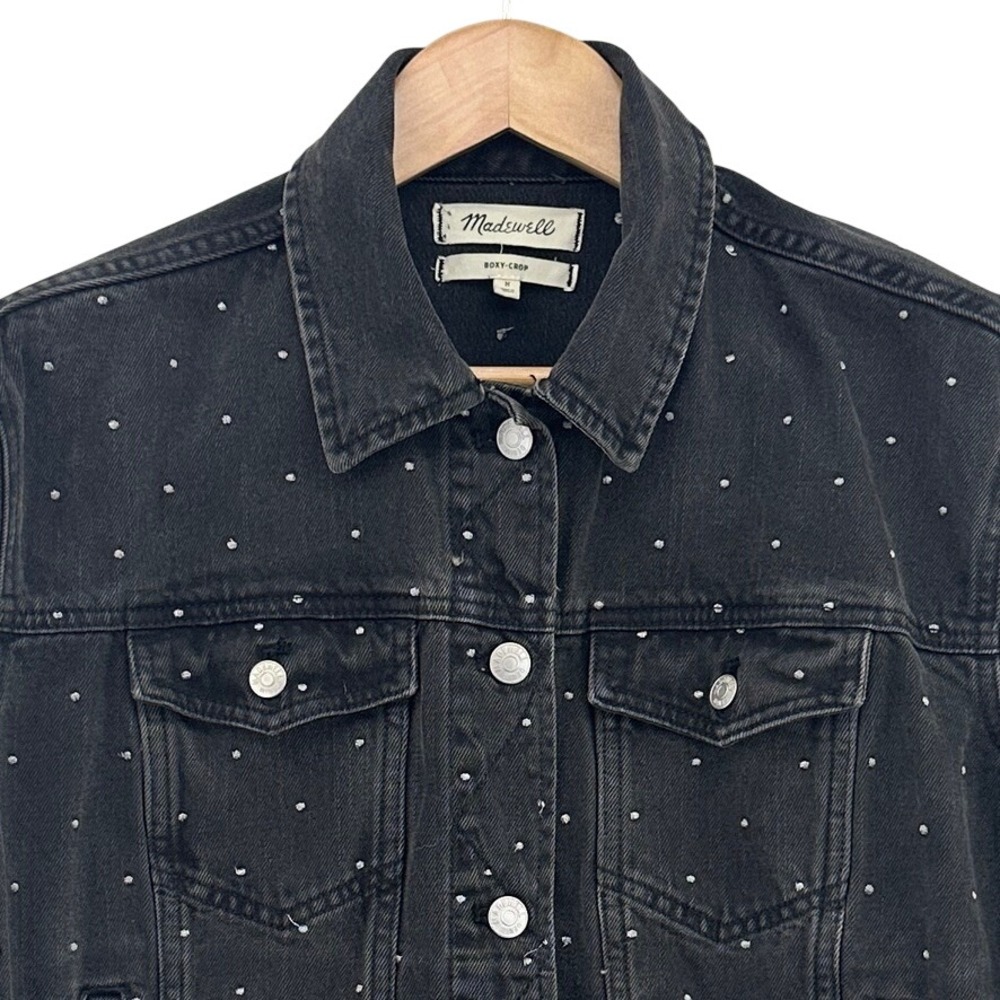 Madewell Boxy-Crop Denim‎ Jacket Embroidered Metallic Silver Dot Black Trucker M